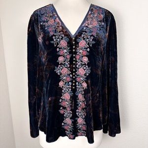 Sundance Embroidered Velvet Traditions Long Sleeve V Neck Top Petite Small